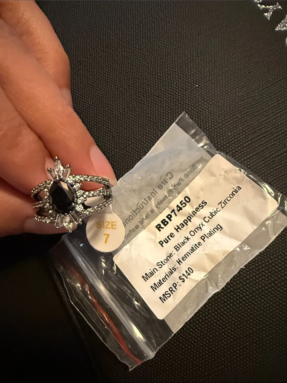 Pure Happiness Women's Black Onyx Ring with Hematite Plating - Size 7